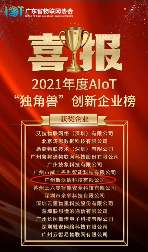 再摘殊榮！斯沃德科技獲“2021 AIoT獨(dú)角獸創(chuàng)新企業(yè)獎(jiǎng)”